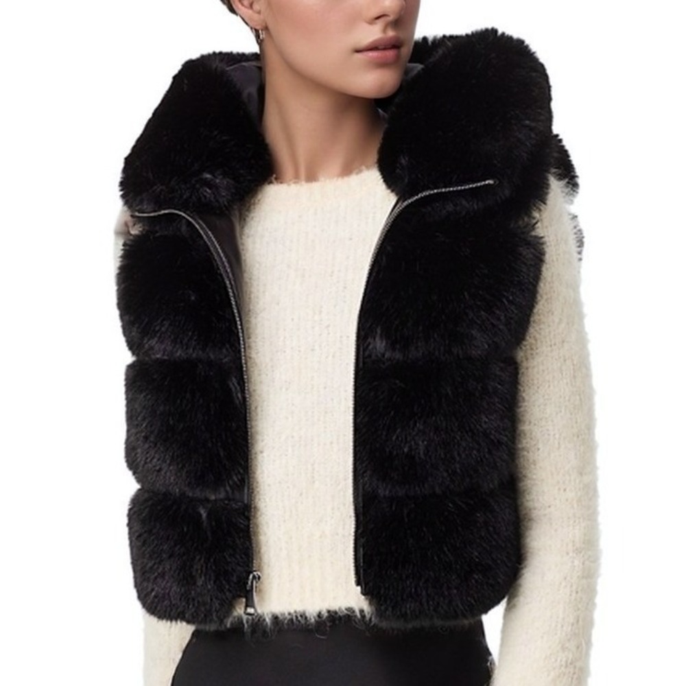 Adrienne Landau Women Faux Fur Vest Large Black Hooded Tiered Whimsygoth NWT